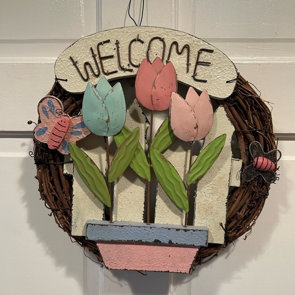 Other - WELCOME DOOR WREATH FLORAL PINK, BLUE & WHITE, NEW WITH TAG